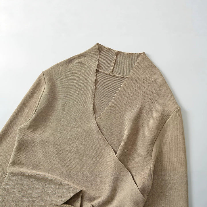 Women's wrap knitted sweater with V-neck and decorative belt Drune