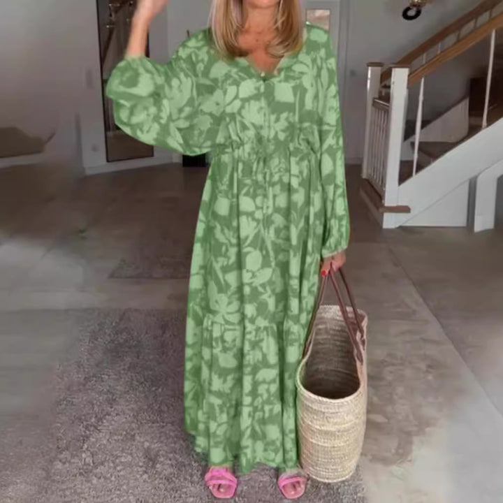 Ladies airy tiered maxi dress with V-neck tunnel waist and balloon sleeves Mune Fashion