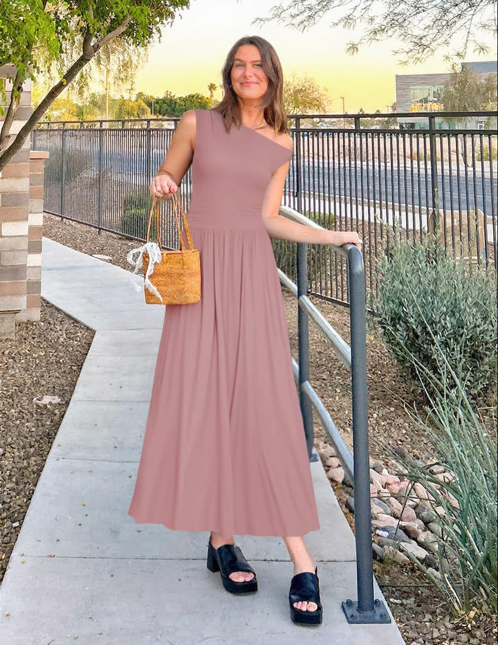 Women Asymmetrical Maxi Dress with One-Shoulder, Waist Emphasis and Side Pockets Mune Fashion