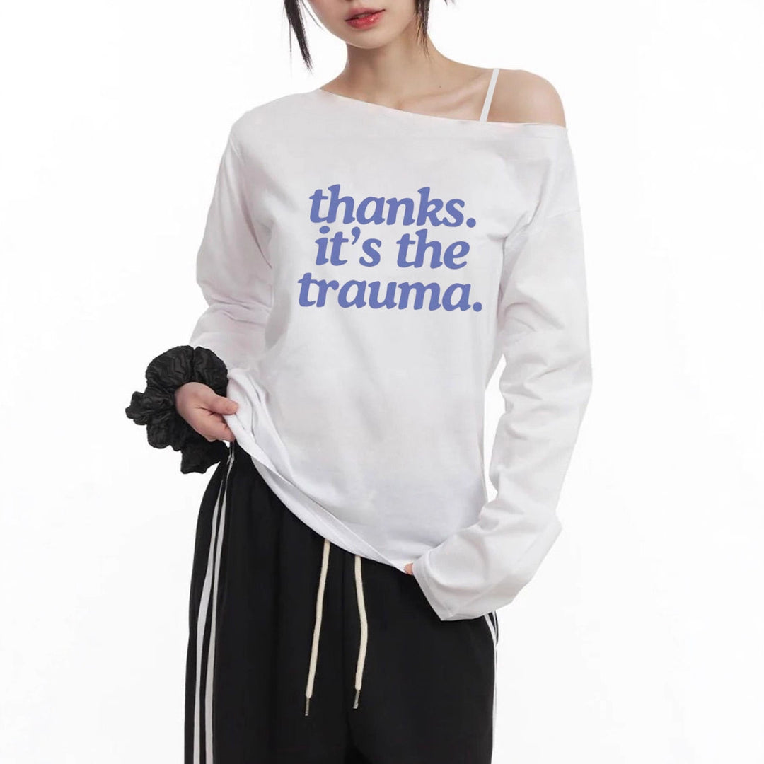 Women Off-Shoulder Long Sleeve Crop Shirt with Statement Print, Asymmetrical Neckline and Loose Oversized Cut Mune Fashion