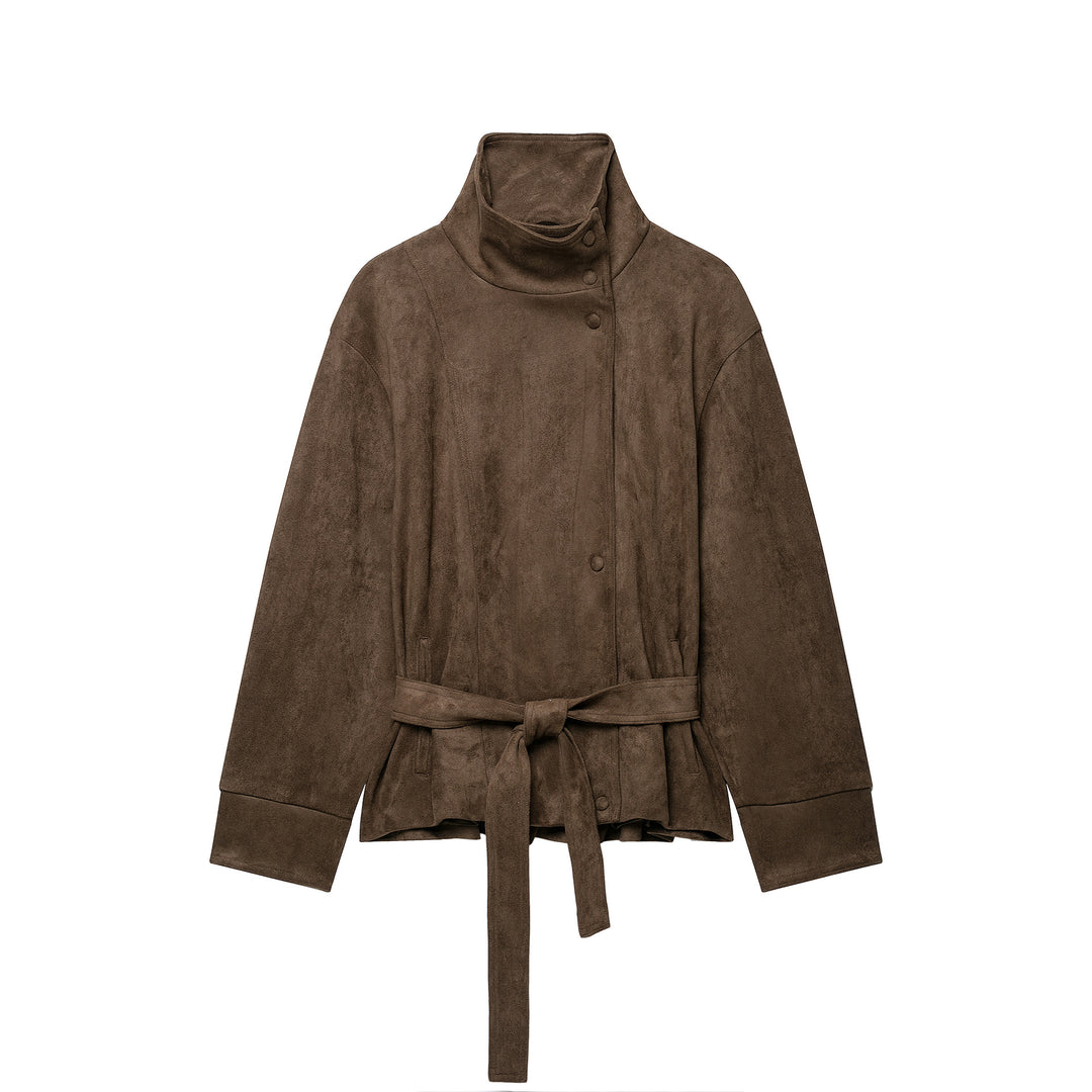 Women Short Velvet Look Jacket with High Funnel Neck, Snap Button Placket and Tie Belt Mune Fashion