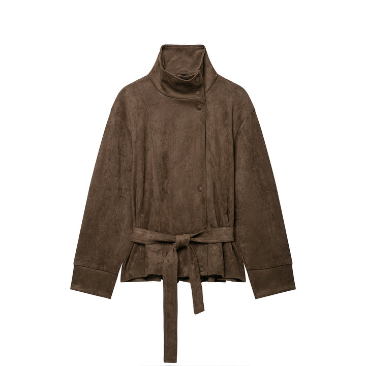 Women Short Velvet Look Jacket with High Funnel Neck, Snap Button Placket and Tie Belt Mune Fashion