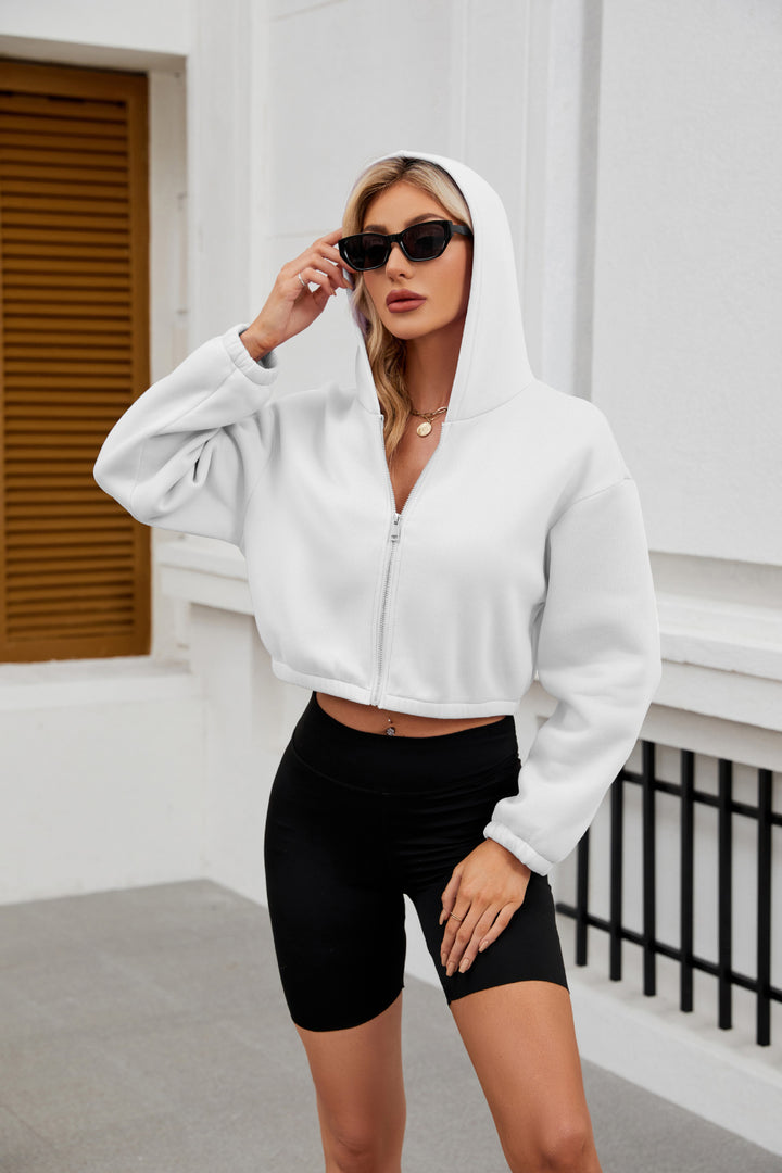 Women's Cropped Hoodie Jacket with Full Zipper and Oversized Sleeves Mune Fashion
