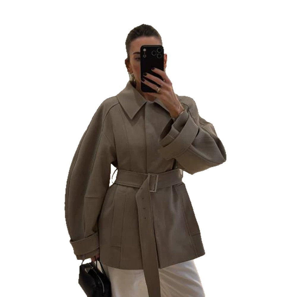 Women's Short Trench Coat with Waist Belt, Dropped Shoulder and Voluminous Balloon Sleeves Mune Fashion