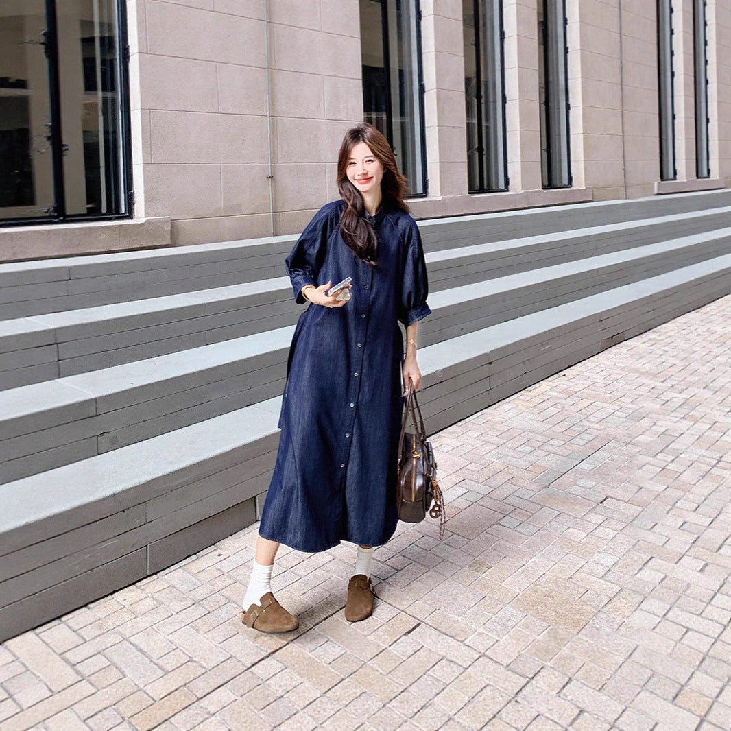 Ladies jeans midi dress with continuous button placket, waist belt and 3/4 sleeves Mune Fashion