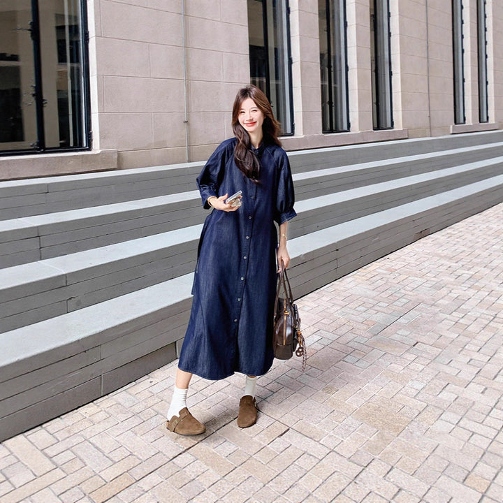 Ladies jeans midi dress with continuous button placket, waist belt and 3/4 sleeves Mune Fashion