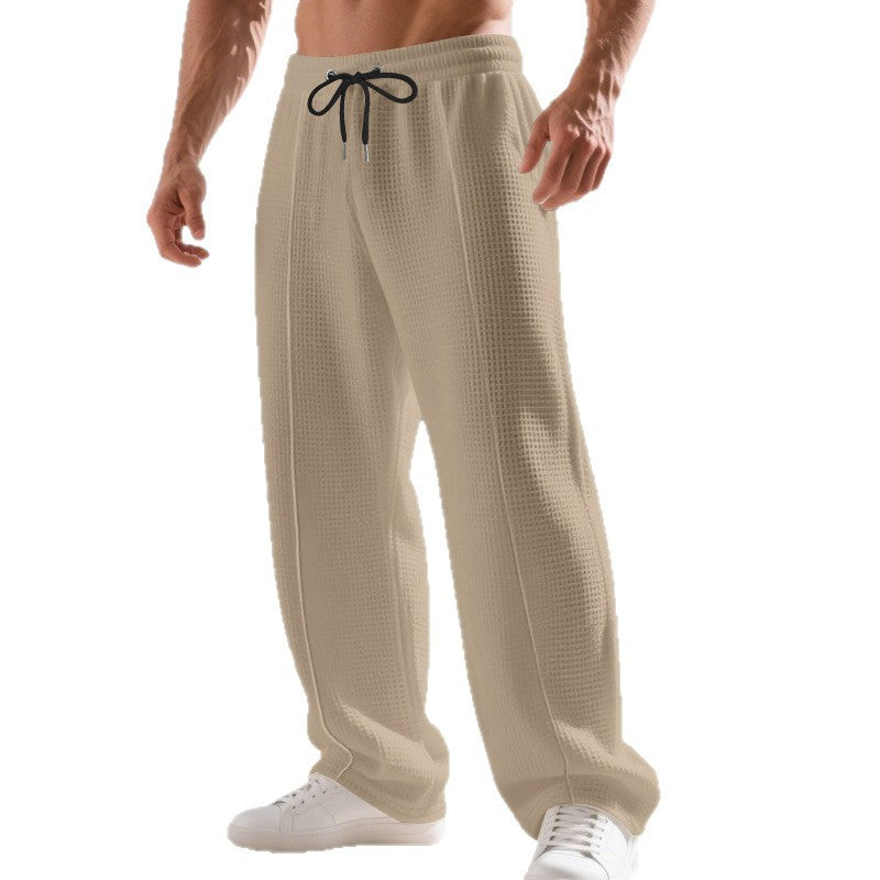 Men's lightweight waffle texture leisure pants with elastic drawstring and straight leg Mune Fashion