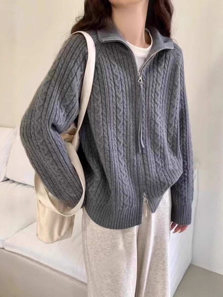 Women's Kastiger Cable Knit Cardigan with Two-Way Zipper, Stand Collar and Wide Ribbed Hem Mune Fashion