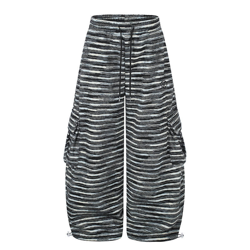 Women's Wide Palazzo Cargo Pants with Drawstring Waistband, Adjustable Hem Cords, and Striped Jacquard Structure Mune Fashion