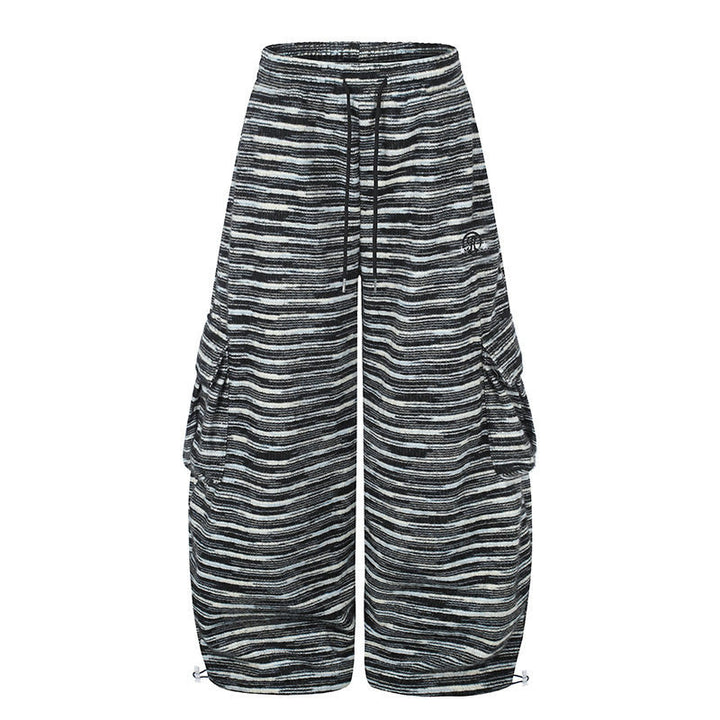Women's Wide Palazzo Cargo Pants with Drawstring Waistband, Adjustable Hem Cords, and Striped Jacquard Structure Mune Fashion
