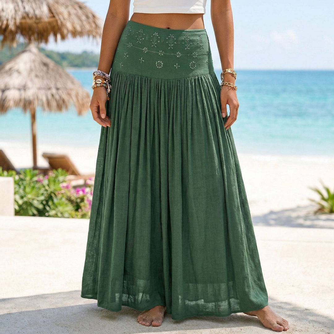 Ladies nan maxi-flounce skirt with embroidered waistband and fine pleats Mune Fashion