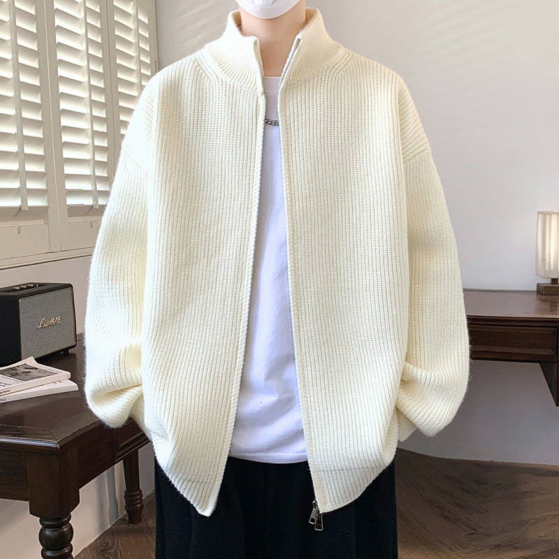 Men's Oversized Knit Zip Jacket with High Stand-Up Collar and Fine Rib Structure Mune Fashion