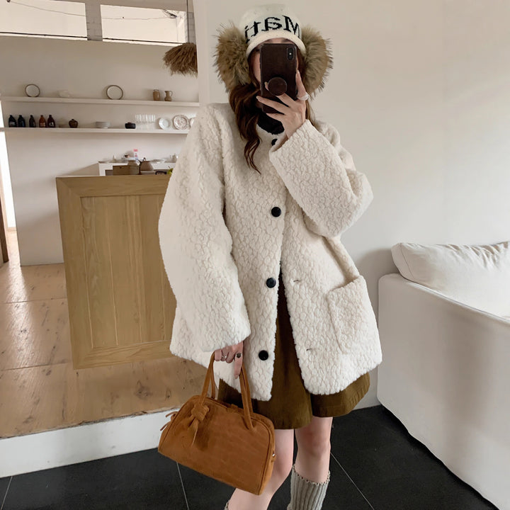Ladies Oversized Teddy Coat with Round Neck, Large Button Placket and Patch Pockets Mune Fashion