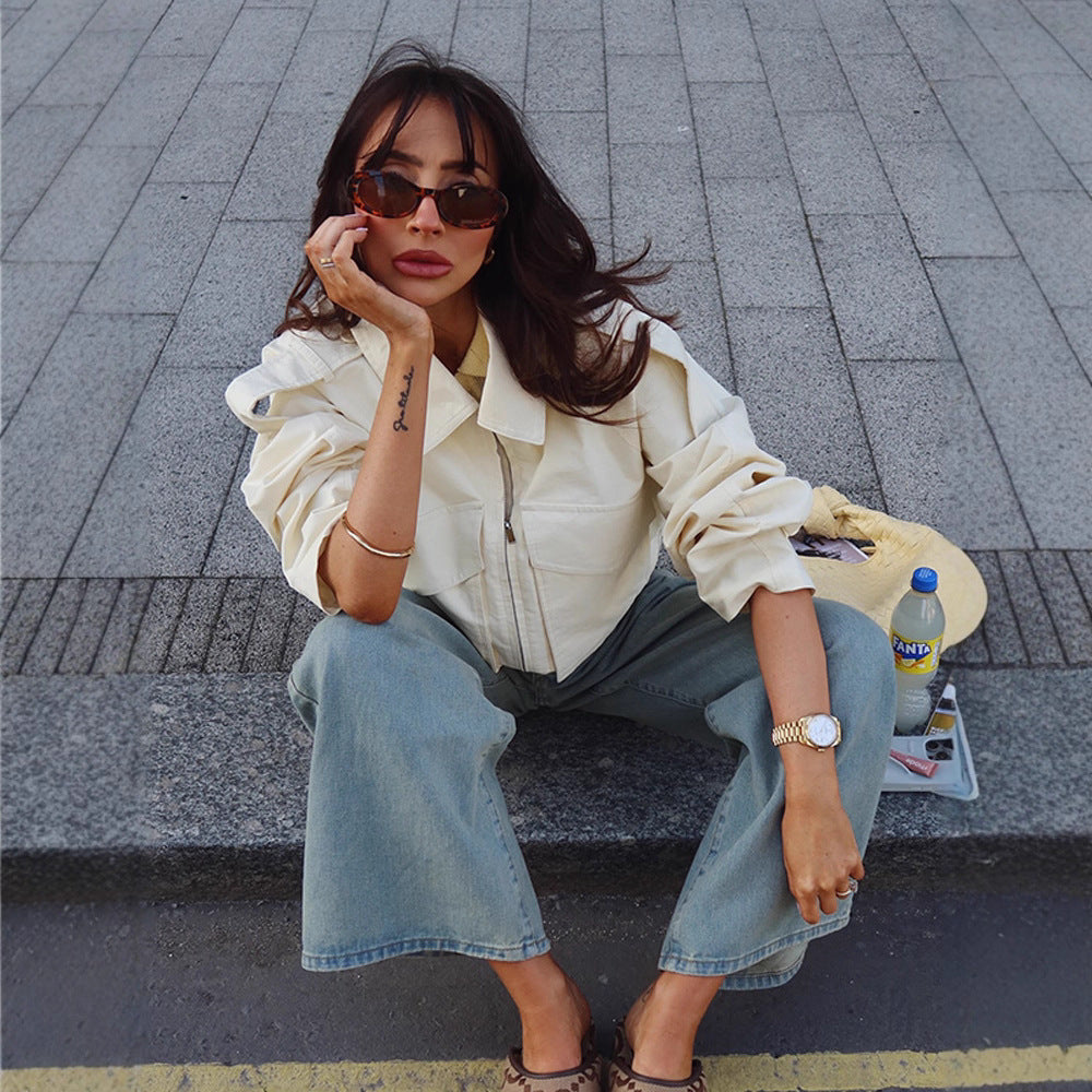 Women Short Boxy Cargo Jacket made of Cotton Blend with Oversized Flap Pockets Mune Fashion