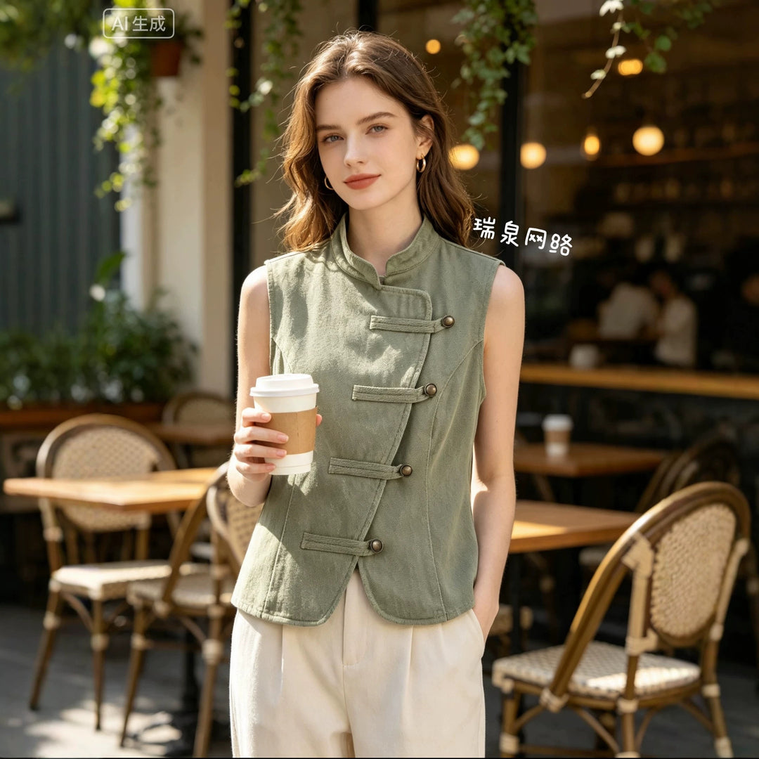 Women Tailored Vest with Mandarin Collar and Asymmetrical Loop Hook Closure Mune Fashion