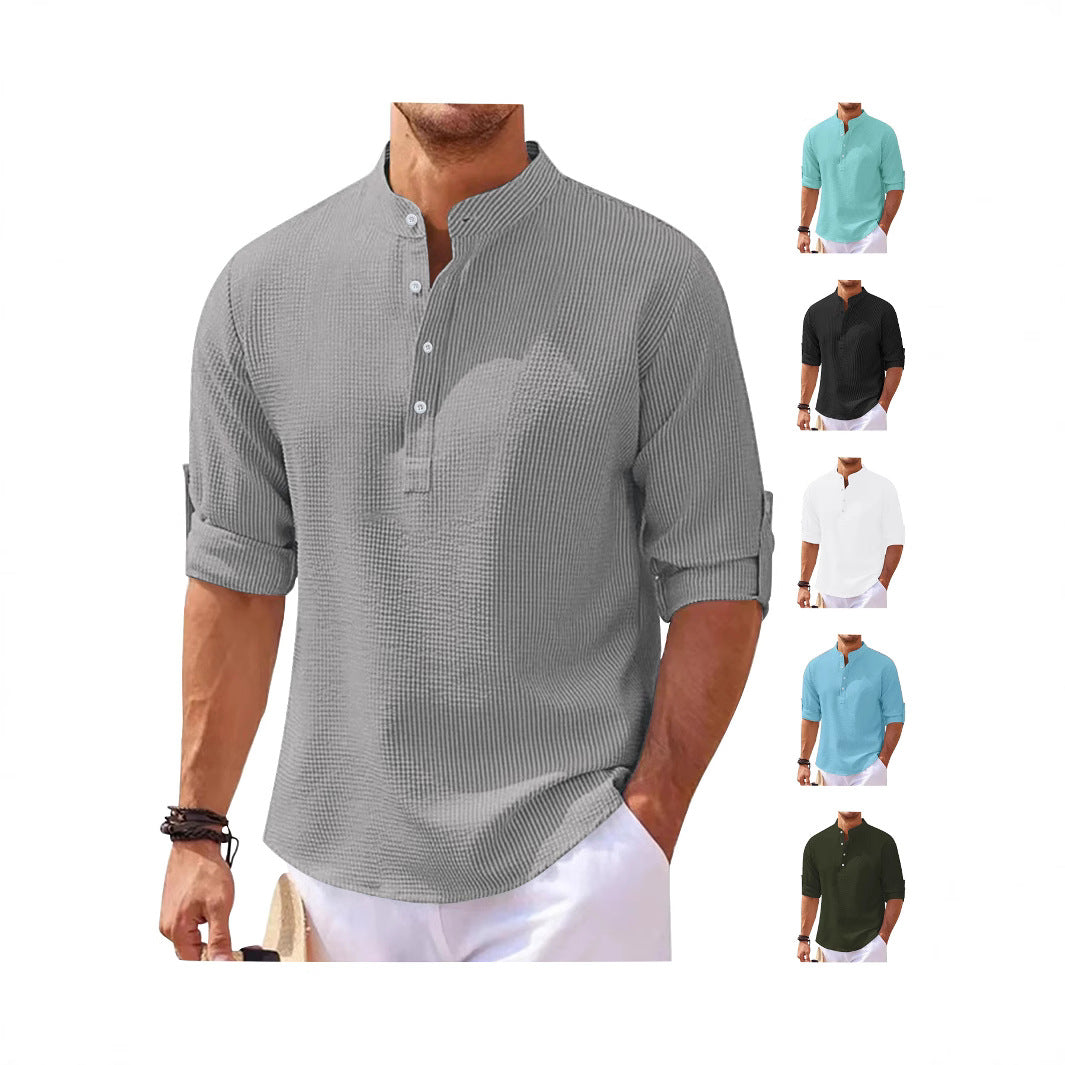 Women's oversized long sleeve Henley with stand-up collar waffle texture and sleeve fastening Mune Fashion