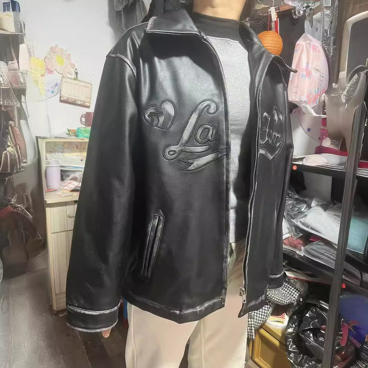 Women's oversized faux leather jacket with shawl collar and embossed logo embroidery Mune Fashion