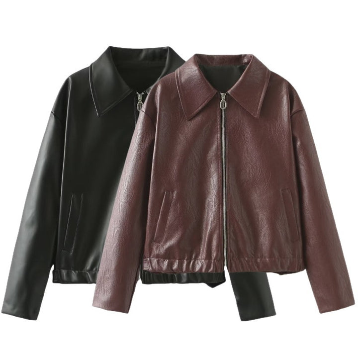 Women Short Oversized Leather Look Jacket with Zipper, Hem Band and Kent Collar Mune Fashion