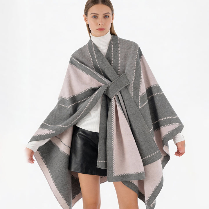 Women Oversize Cape made of Jacquard knit with tie loop Mune Fashion