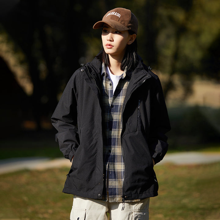 Women two-layer water-repellent outdoor jacket with hood, waist adjustment and contrast piping Mune Fashion