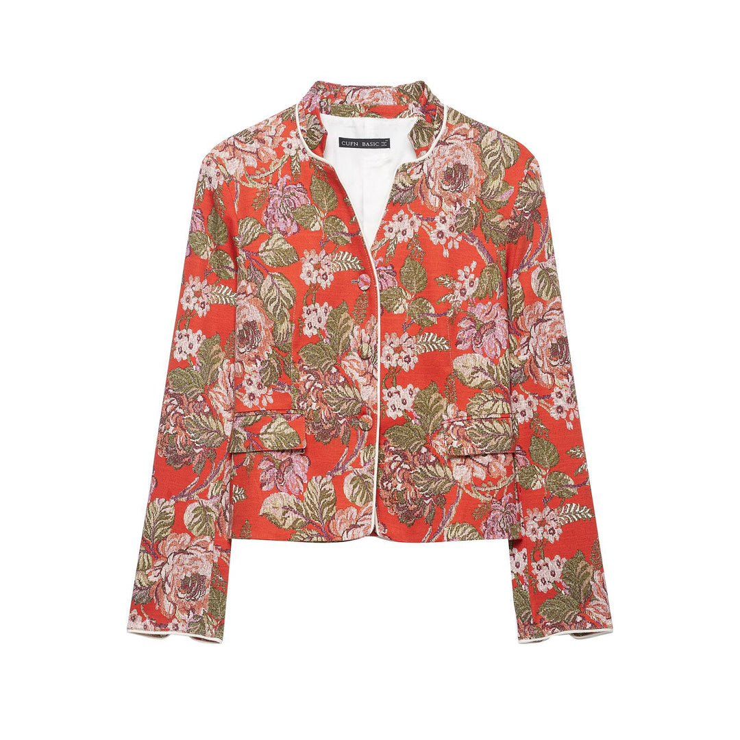 Women's floral woven Jacquard Boucle short jacket with standing collar Drune