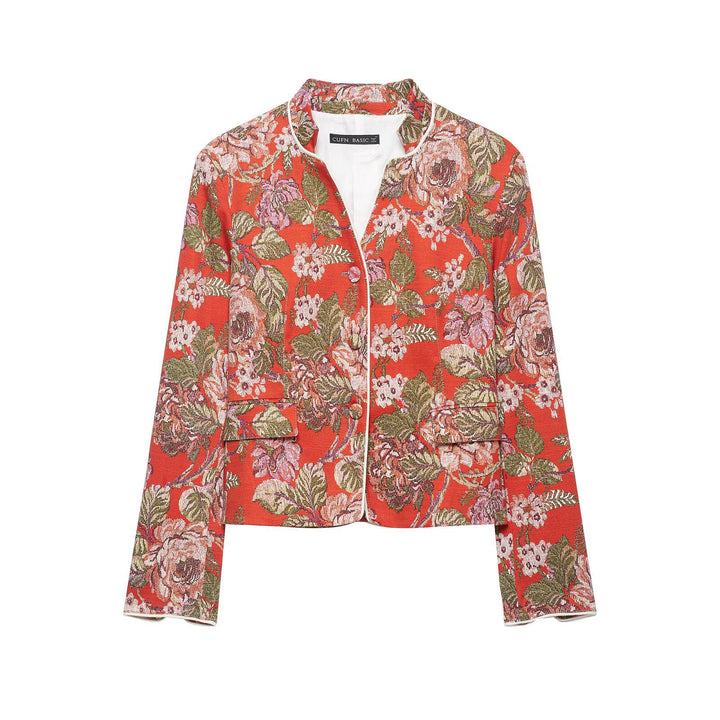 Women's floral woven Jacquard Boucle short jacket with standing collar Drune