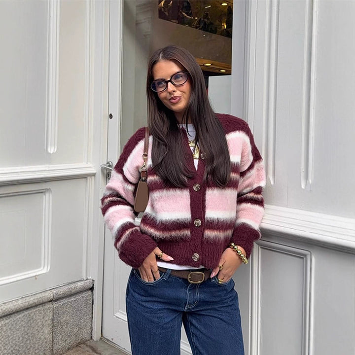 Women's Striped Mohair Blend Knit Cardigan with Button Placket and Cozy Cropped Cut Mune Fashion
