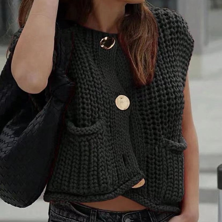 Women's Chunky Knit Cropped Vest with V-Neck and Gold Decorative Buttons Mune Fashion