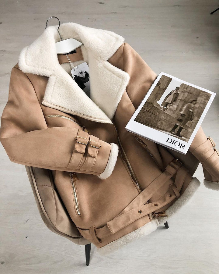 Women Oversized Faux Leather Pilot Jacket with Teddy Fur Lining and Buckles Mune Fashion