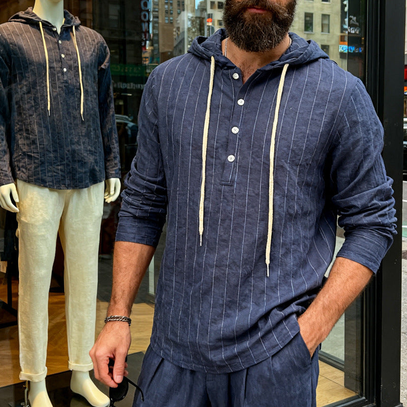 Men's linen blend hoodie shirt with half button placket and pinstripes Mune Fashion