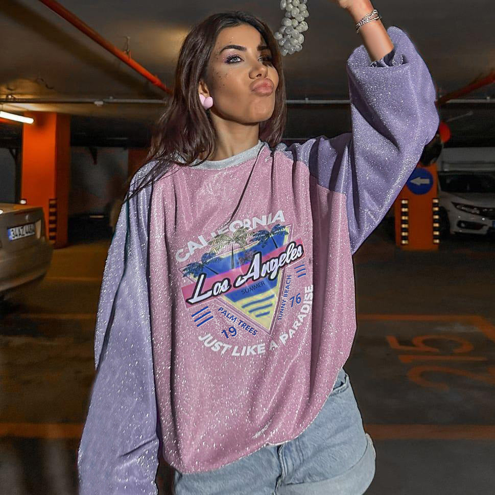Damen Glitzerndes Oversize-Sweatshirt mit Raglanärmeln und Retro-Los-Angeles-Print Mune Fashion