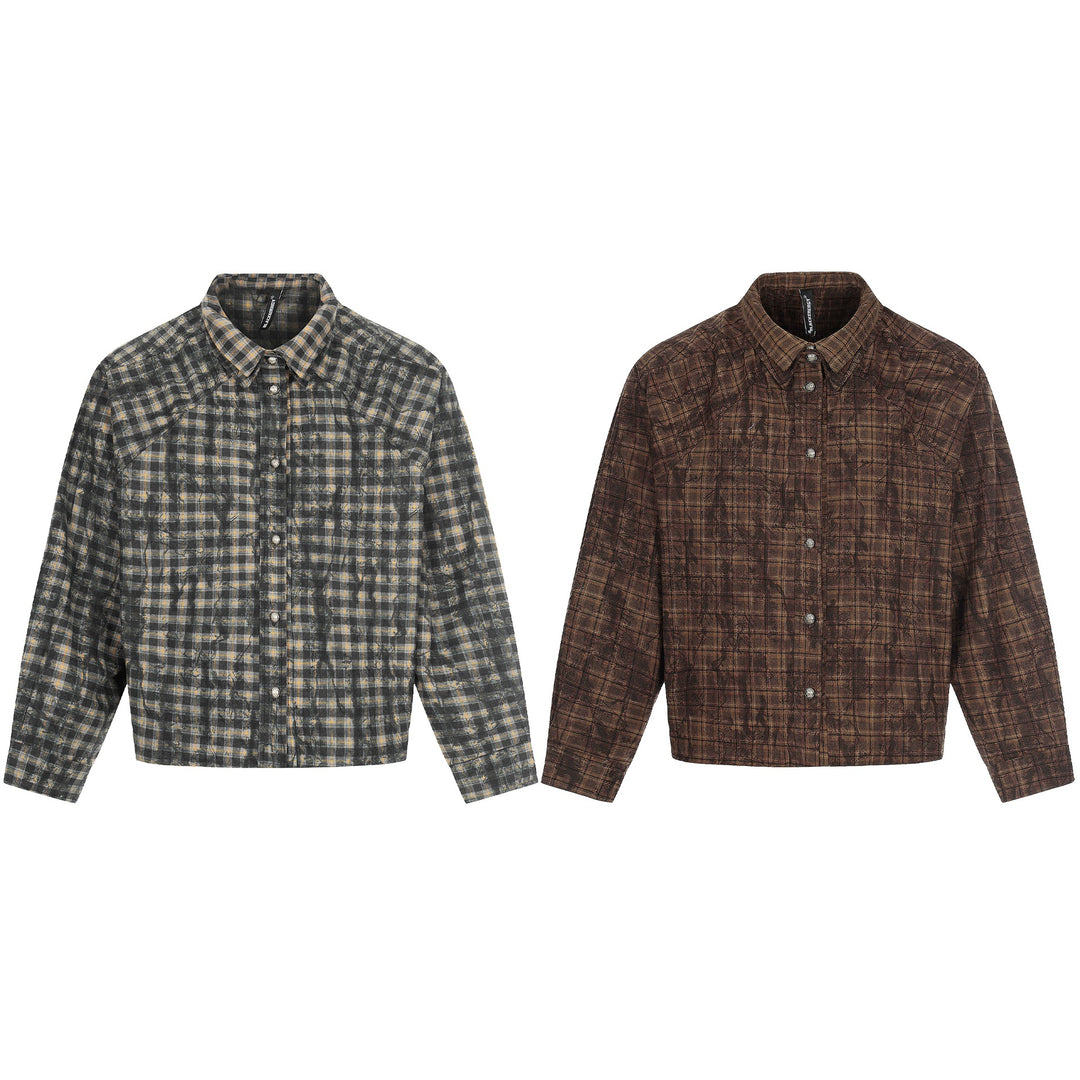 Men's Oversized Check Overshirt in Blouson Style with Distressed Finish Mune Fashion