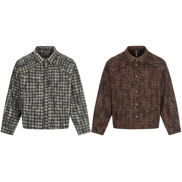 Men's Oversized Check Overshirt in Blouson Style with Distressed Finish Mune Fashion