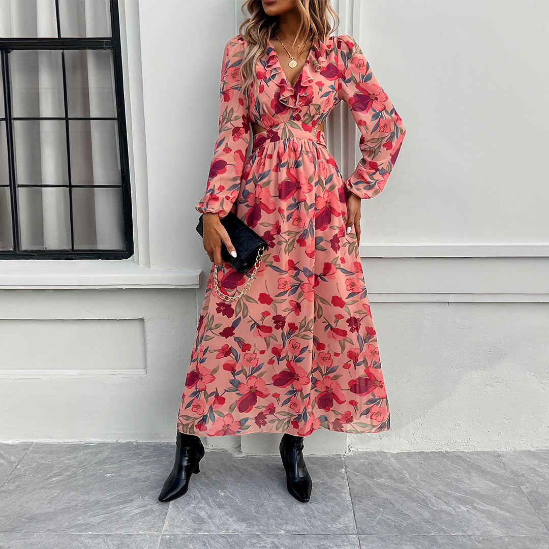 Ladies airy flowing chiffon maxi dress with waist cutouts, ruffled V-neckline and long, sheer sleeves Mune Fashion