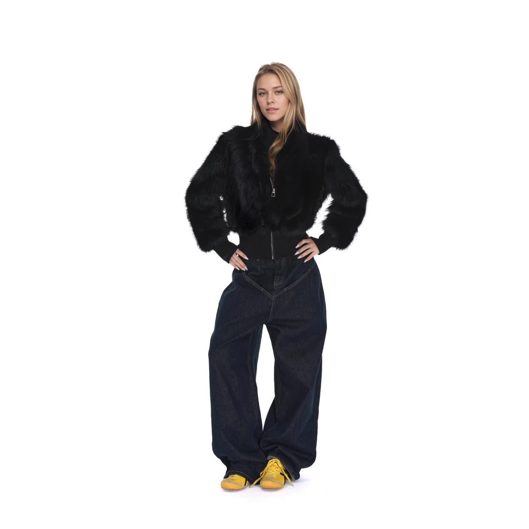 Women's Short Faux Fur Bomber Jacket with Boxy Silhouette and Zipper Detail Mune Fashion