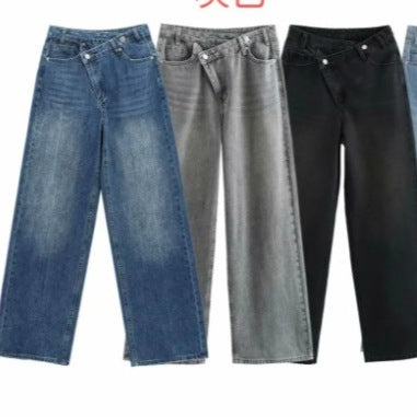 Women 20+ wide High-Waist Denim Palazzo Jeans with asymmetrical waistband detail Mune Fashion