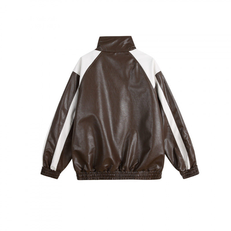 Unisex Retro-inspired Faux Leather Bomber Jacket with Stand-up Collar, Contrast Stripes and Letter Patch Mune Fashion