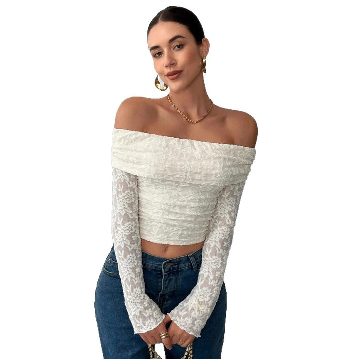 Women's form-fitting off-the-shoulder lace top with long trumpet sleeves Mune Fashion