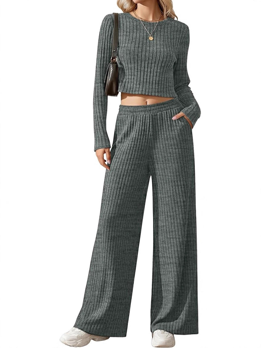Women's Ribbed Fine Knit Lounge Set with Cropped Long Sleeve Top and High-Waisted Palazzo Pants Mune Fashion