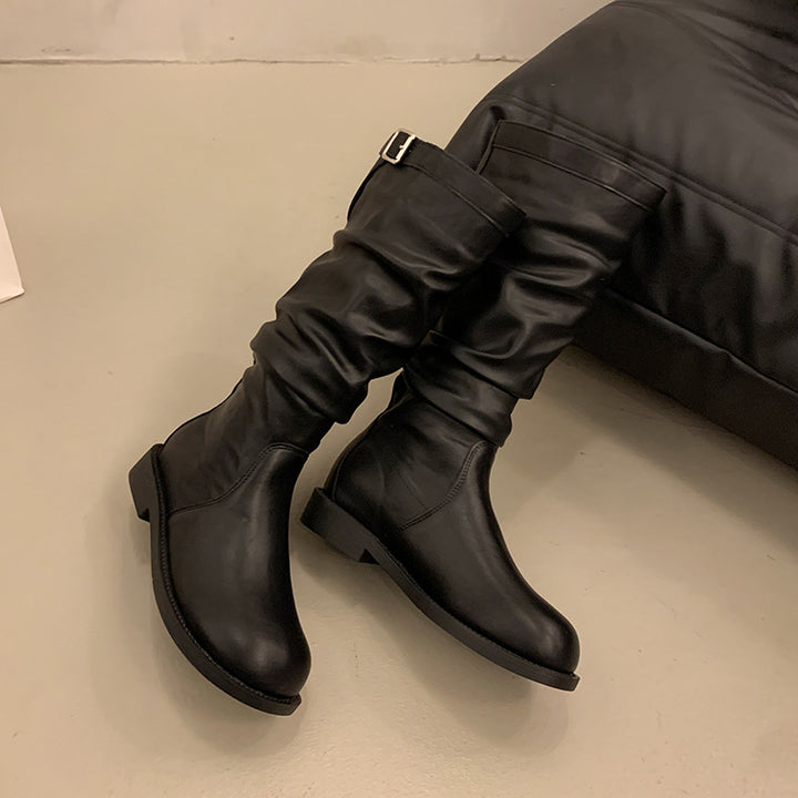 Women's suede knee-high boots with gathered shaft and adjustable buckle tab Mune Fashion