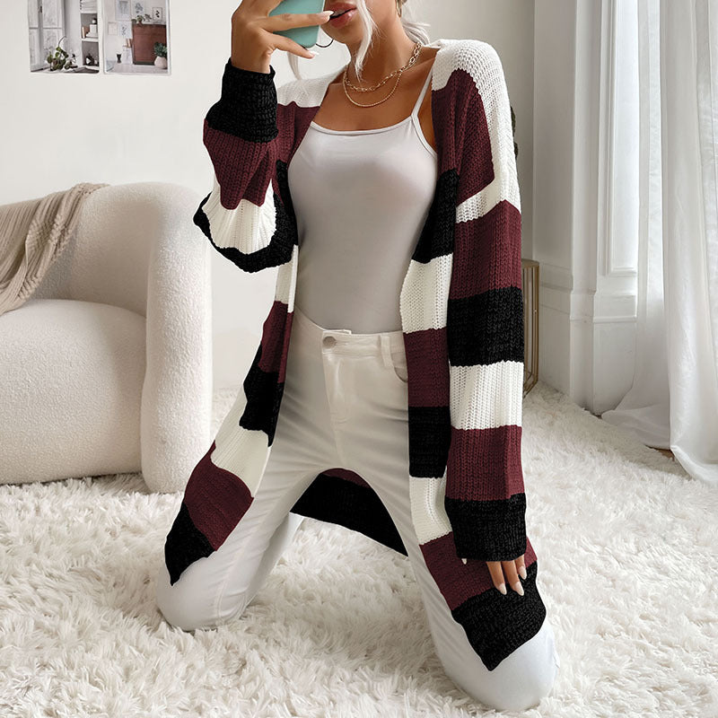 Women's Long Oversized Knit Cardigan with Block Stripes and Open Front Mune Fashion