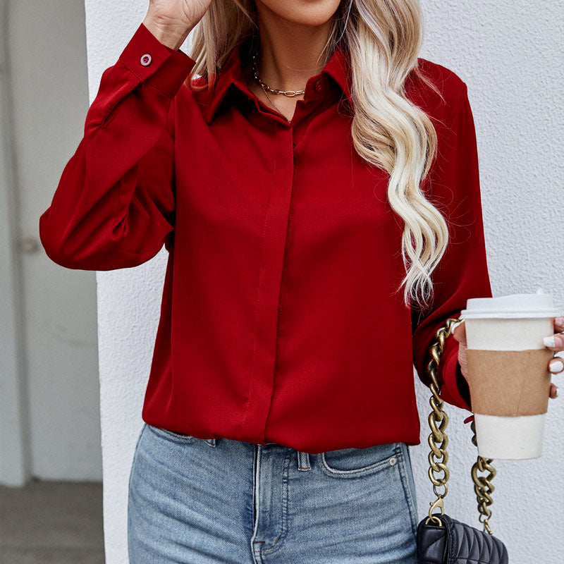 Women nan classic satin blouse with concealed button placket and casual shirt blouse cut Mune Fashion