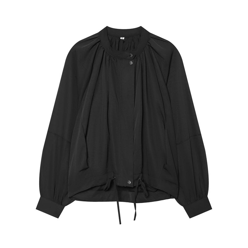 Women's Lightweight Blouson Jacket with Gathered Stand Collar, Balloon Sleeves, and Drawstring Mune Fashion