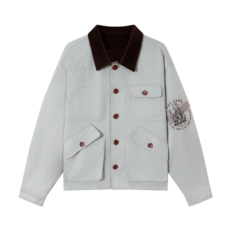 Unisex Boxy Blouson Jacket made of cotton velvet with cord collar, embossed embroidery details and patch pockets Mune Fashion