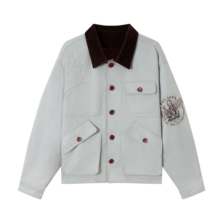 Unisex Boxy Blouson Jacket made of cotton velvet with cord collar, embossed embroidery details and patch pockets Mune Fashion