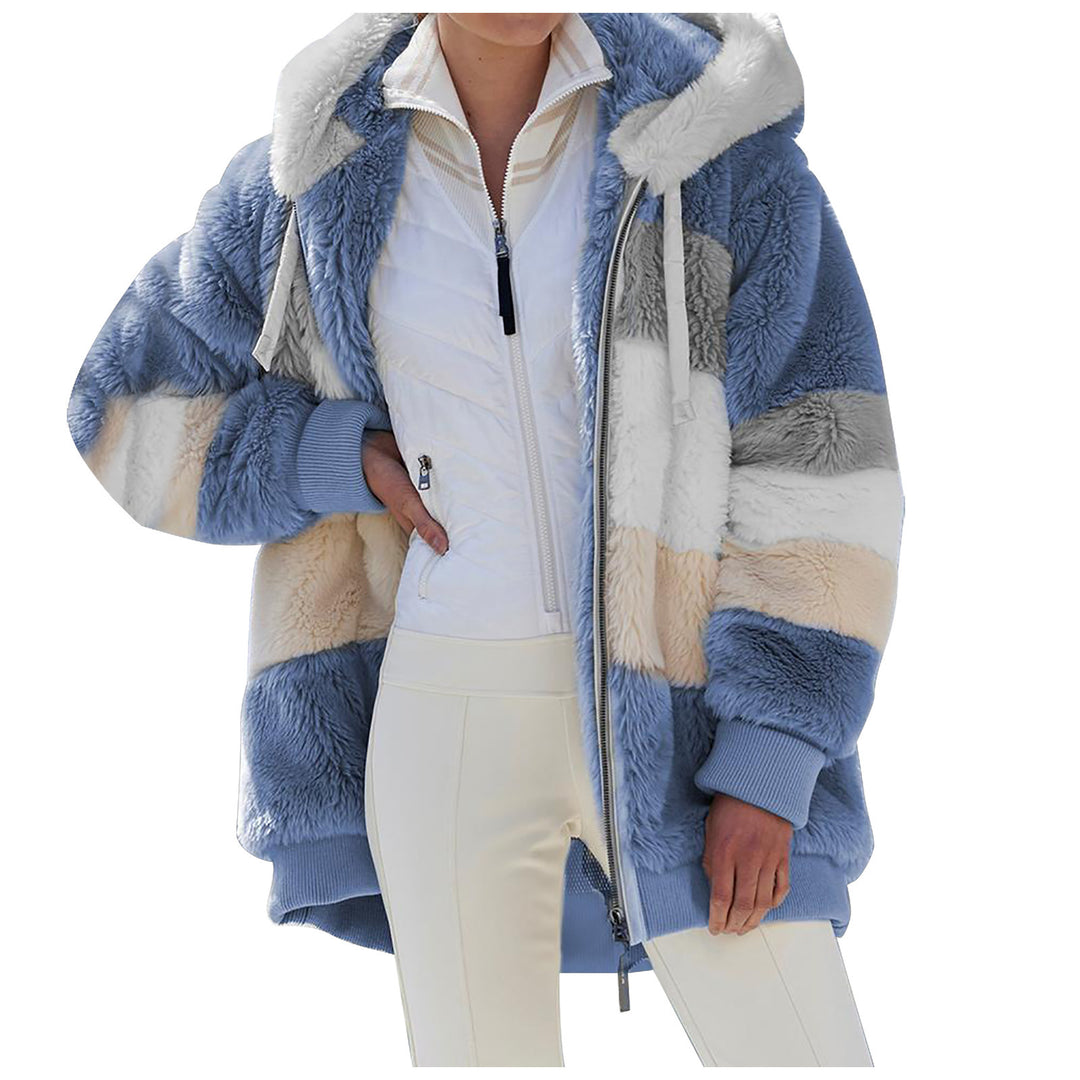 Women's oversized hooded jacket made of faux fur with color block design, two-way zipper and ribbed cuffs Mune Fashion