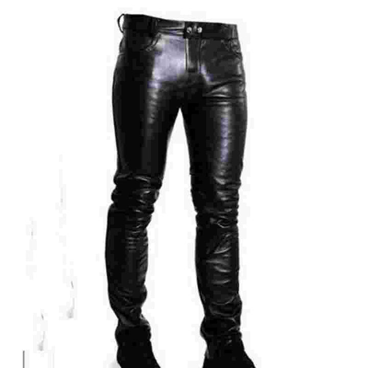 Men's Tight-Fitting Pants in Leather Look with Slim Silhouette and Snap Button Waistband Mune Fashion