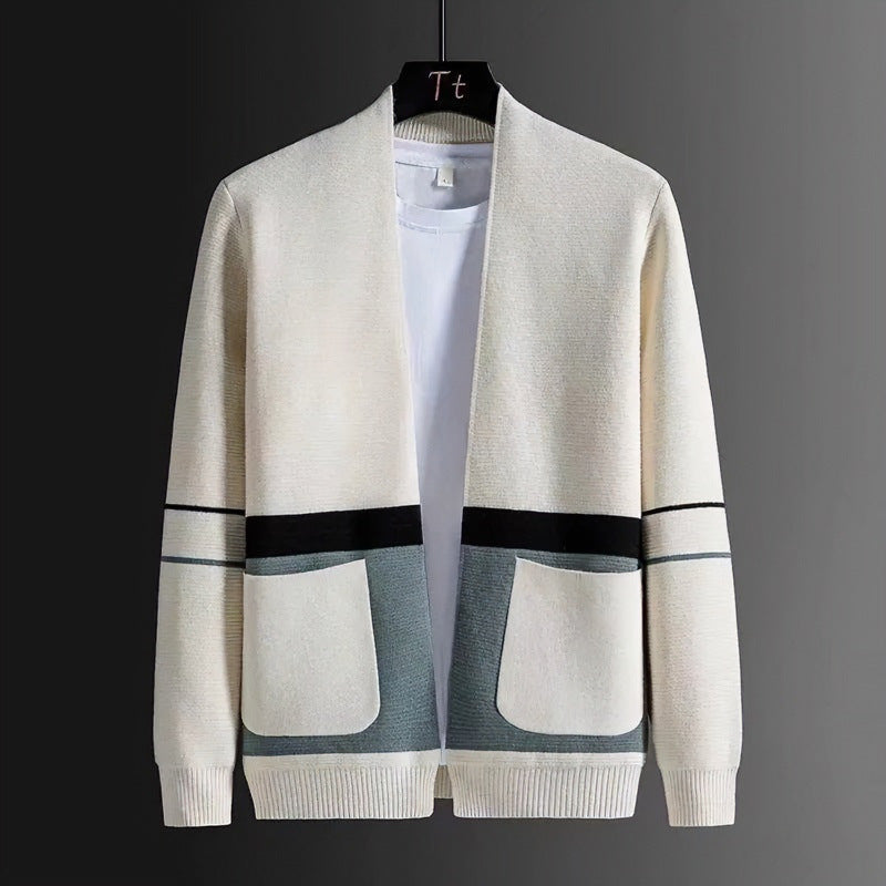 Men's Open Knit Jacket in Colorblock Design with Applied Pockets and Ribbed Hem Mune Fashion