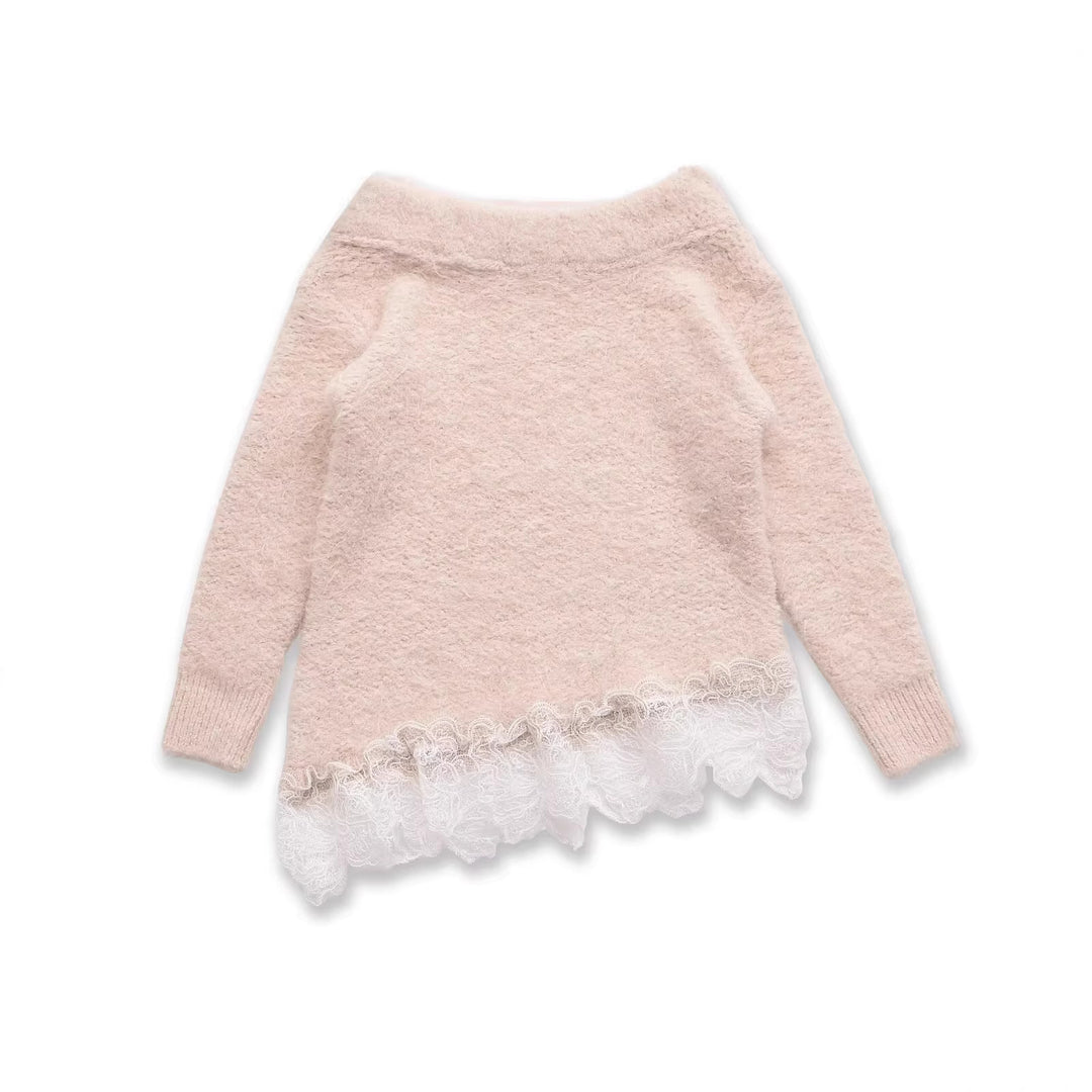 Women's Fuzzy Knit Sweater with Off-the-Shoulder Neckline and Lace Trim Mune Fashion