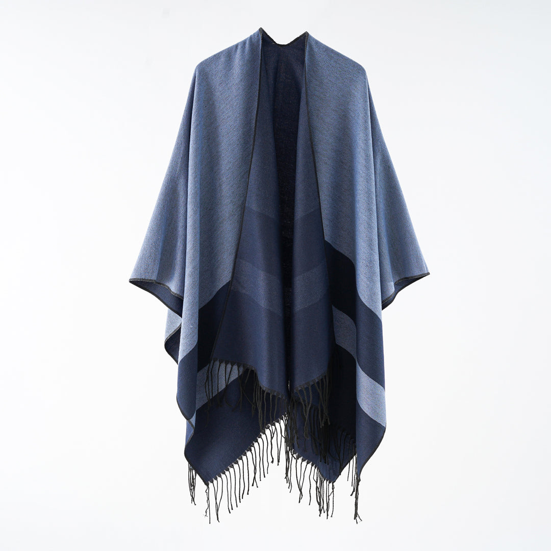 Ladies multifunctional fringe wrap poncho made of wool blend with double-layered drape